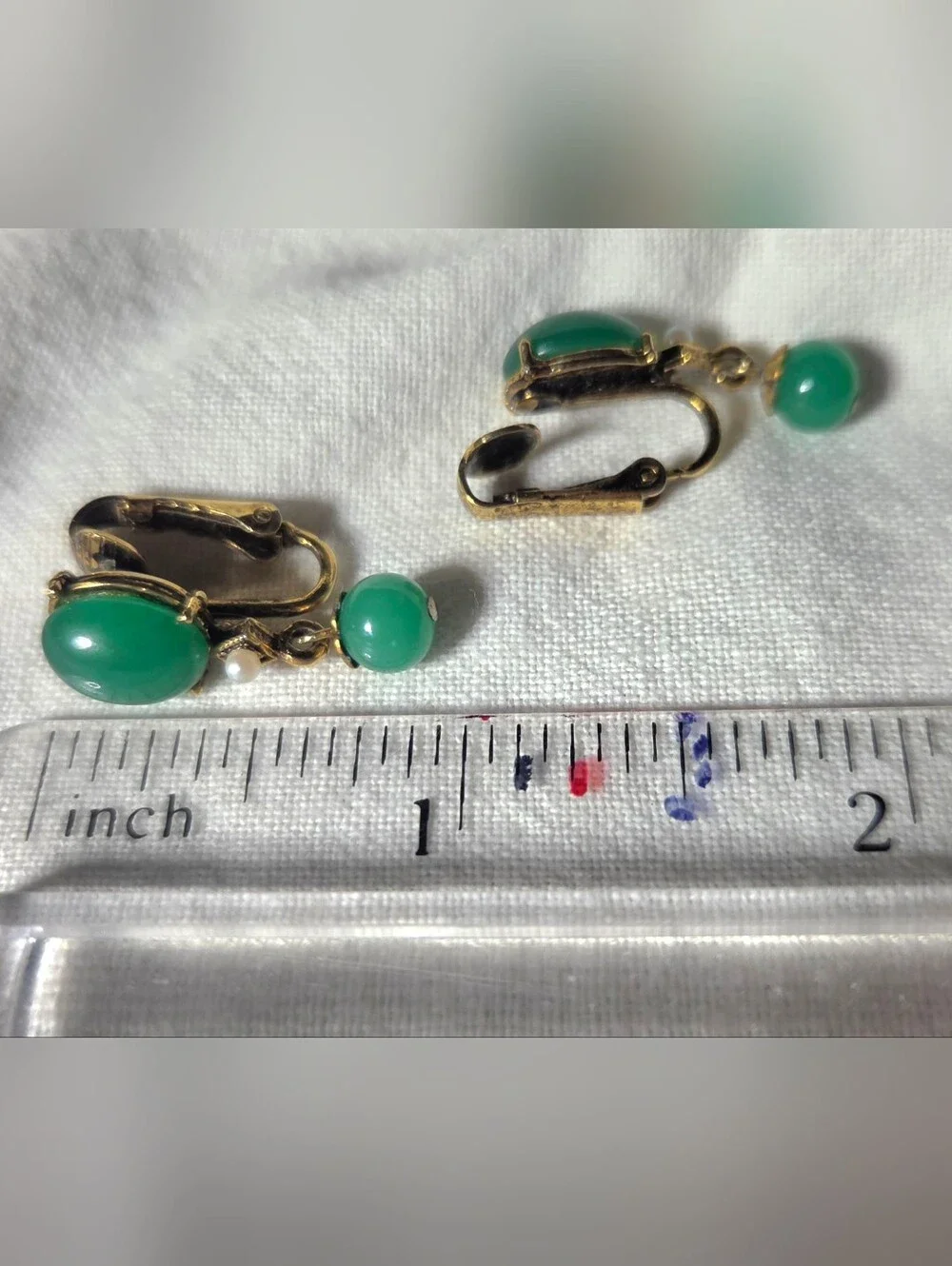 Vintage Green Earrings Lot, 1960s Faux Jade Pearl Drops + 1970s Gold Tassel